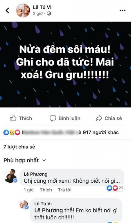 Tú Vi còn thể hiện sự tức giận trên trang cá nhân của mình. Lê Phương bình luận mới xem xong clip và 