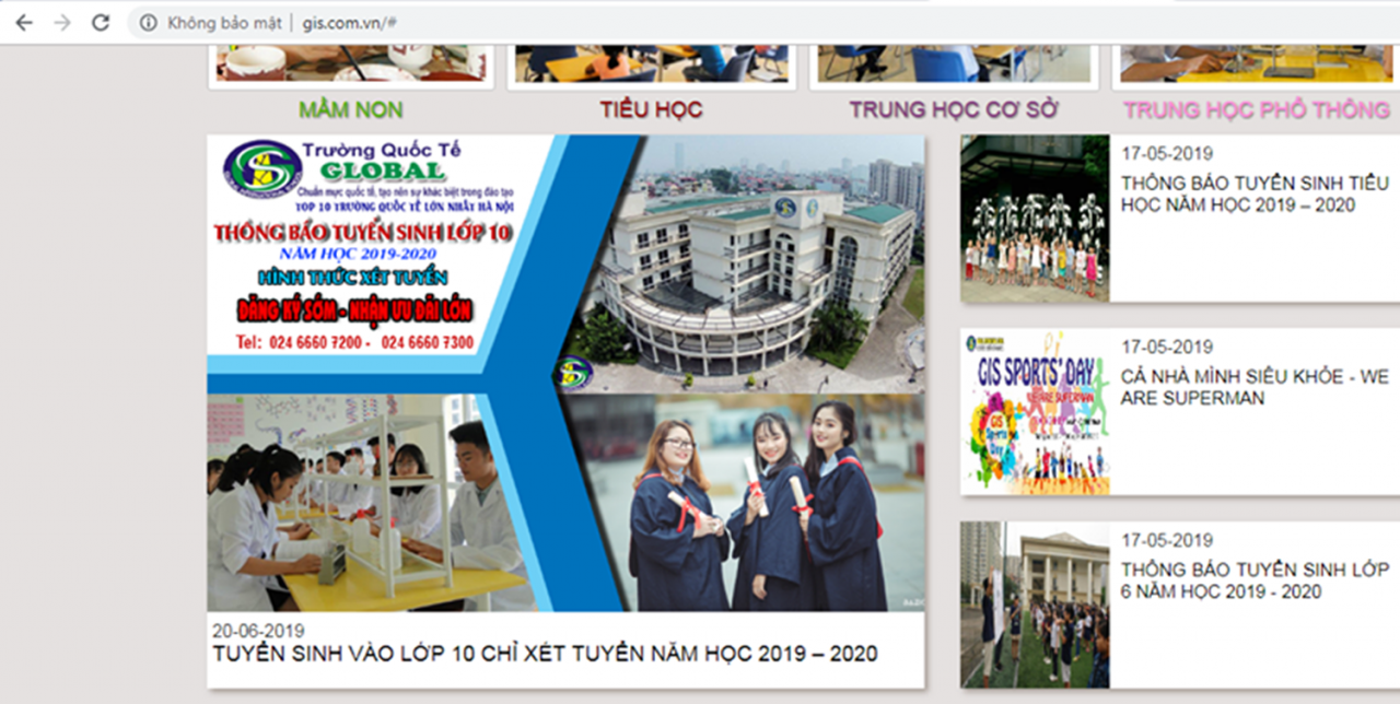 Trường Quốc tế Global (Cầu Giấy, Hà Nội) vẫn để tên Trường Quốc tế trên Website mặc dù Trưởng phòng GD&ĐT quận Cầu Giấy nói trên địa bàn không có trường Quốc tế.