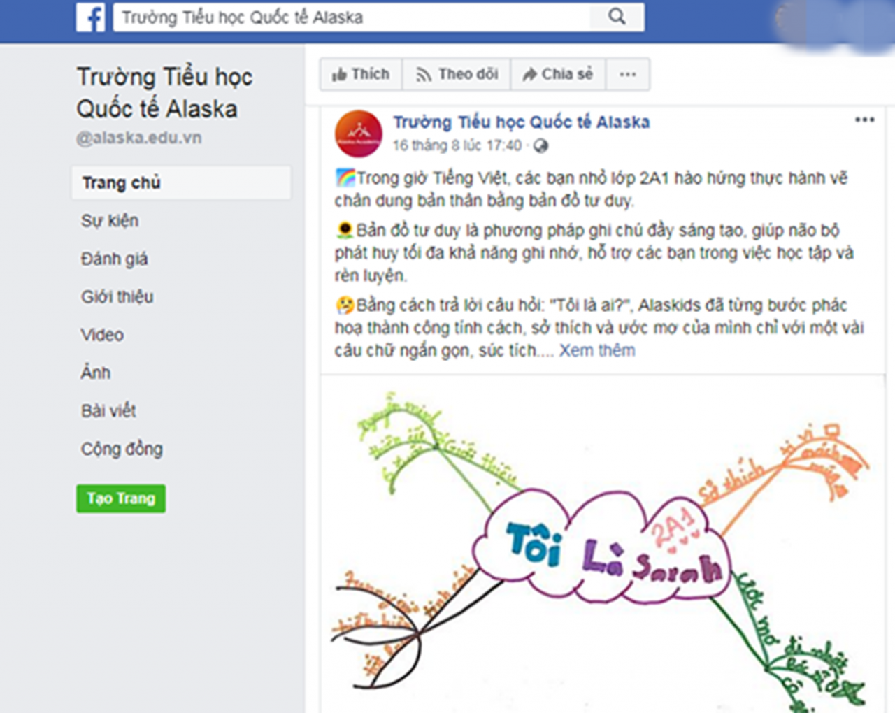 Trên Fanpage Trường tiểu học Quốc tế Alaska vẫn giữ nguyên tên.