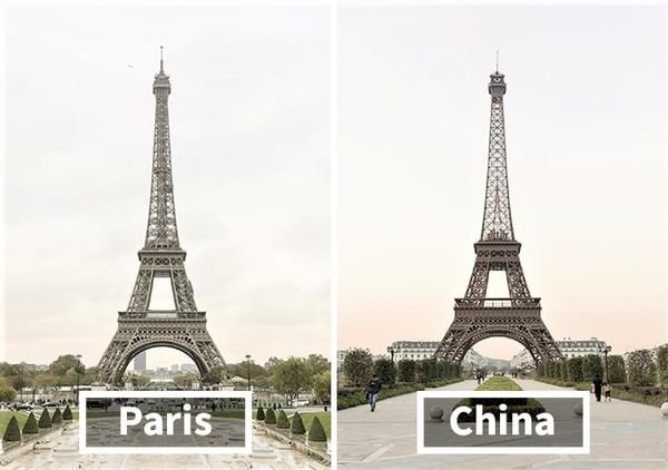 Thị trấn Tianducheng tại Hàng Châu, Chiết Giang là “kinh đô Paris nhái” giữa lòng Trung Quốc. Cả thị trấn được xây dựng để tái hiện kinh đô Paris hoa lệ của nước Pháp và tại đây có hẳn một Tháp Eiffel nhưng chỉ bằng 1/3 kích thước của tháp Eiffel thật ở Pháp.