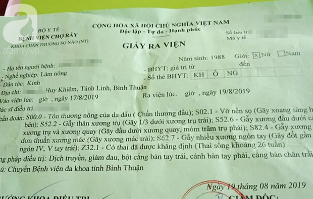 Giấy ra viện của bệnh nhân với những dòng ghi vết thương rất nặng. (Ảnh: Afamily).