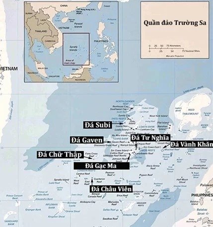 Vị trí các bãi đá bị Trung Quốc bồi đắp trái phép thành đảo nhân tạo ở Trường Sa. Đồ họa: Thư viện Quốc hội Mỹ.