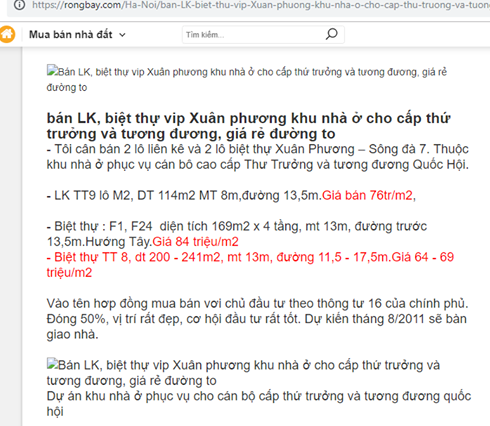 Thông tin giao bán biệt thự tại dự án xuất hiện trên mạng.