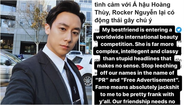 Rocker Nguyễn thể hiện tâm trạng khó chịu khi thông tin hẹn hò Hoàng Thùy liên tục được nhắc đến trên mặt báo. Nam ca sĩ đăng tải dòng trạng thái bằng tiếng Anh với nội dung: