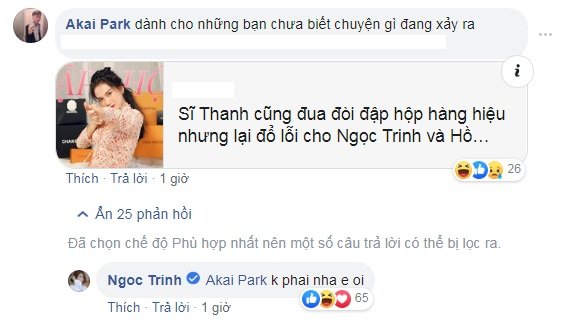 Một số fan chưa hiểu chuyện gì xảy ra và cho rằng Ngọc Trinh đang muốn nói tới Sĩ Thanh. Tuy nhiên, 