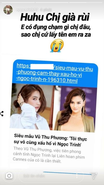 Trong khi đó, ở trong phần bảng tin, Ngọc Trinh đăng hẳn bài báo viết về chia sẻ của Vũ Thu Phương. 