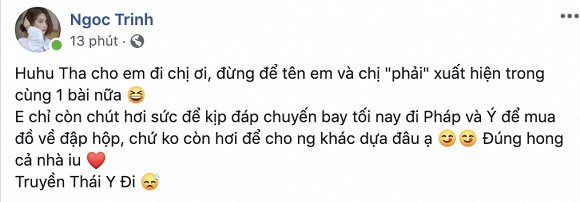 Dòng trạng thái đáp trả của Ngọc Trinh. 