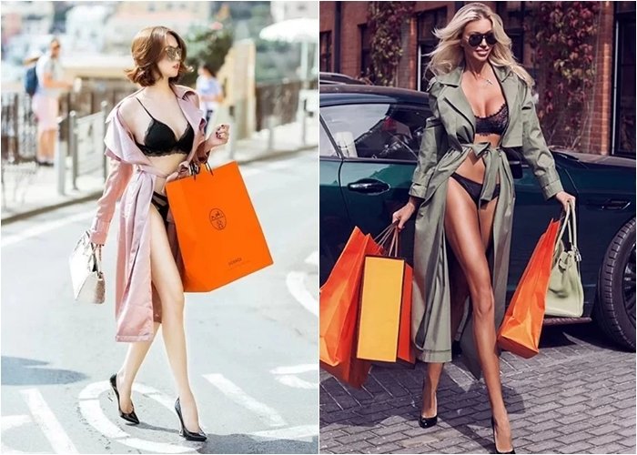 Ngọc Trinh vừa tung bộ ảnh mặc nội y khoác áo ngoài hờ hững trên đường phố Milan (Italia) gây chú ý. Trên tay người đẹp là chiếc túi Hermes bạch tạng giá 1,5 tỷ đồng cùng túi giấy màu cam đựng loạt đồ hiệu mới sắm. Tuy nhiên, cư dân mạng cho rằng chân dài gốc Trà Vinh bắt chước một photoshoot quảng cáo của người mẫu Nga Dasha Belize vì có nhiều điểm tương đồng.