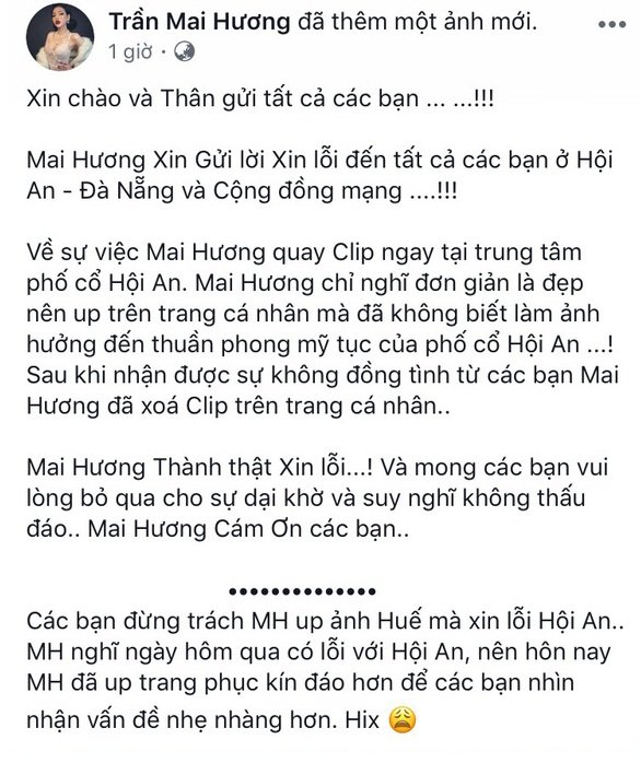 Mai Hương gửi lời xin lỗi trên trang cá nhân. 