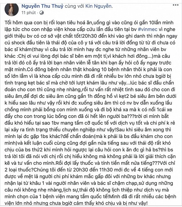 Thu Thủy bức xúc với thái độ làm việc tại một bệnh viện. Cô và chồng trẻ đã phải trải qua 4 tiếng dài đăng đẳng lo lắng, bực mình tại đây để chăm sóc cho con trai.