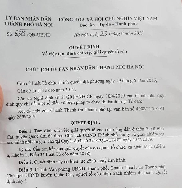 Lý do tạm đình chỉ giải quyết tố cáo chỉ nêu ngắn gọn, cần đợi kết quả giải quyết của các cơ quan, tổ chức, cá nhân. (Ảnh: Tuổi Trẻ).
