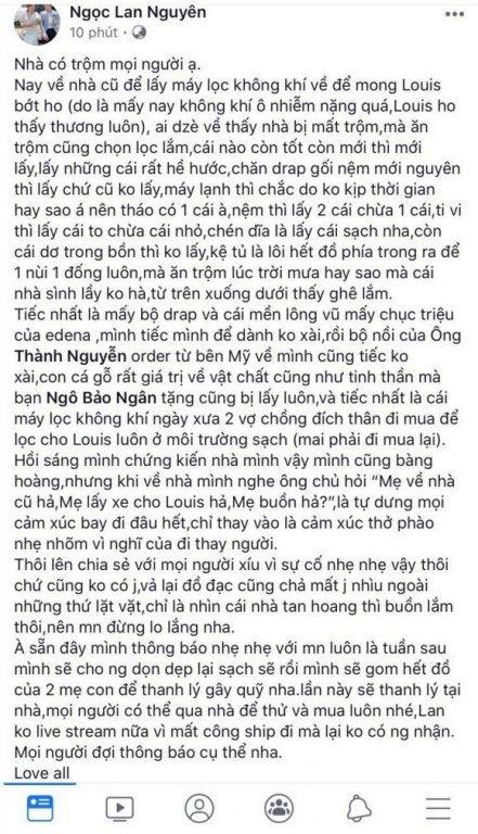 Ngọc Lân khiến nhiều người hoang mang về việc nhà cũ bị trộm đột nhập.