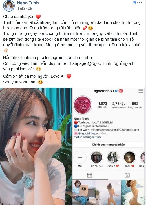 Ngọc Trinh thông báo tạm thời