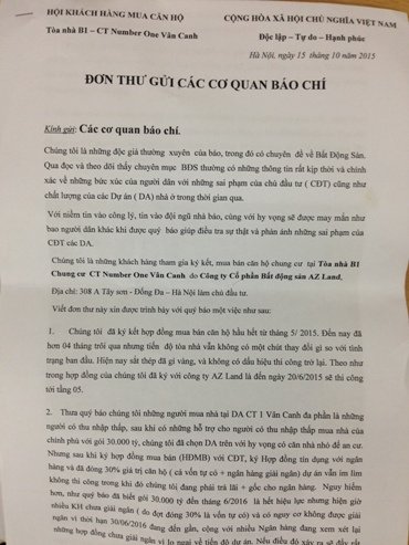 Khách hàng mua căn hộ chung cư CT Number One Vân Canh phải làm đơn cầu cứu đến báo chí. (Ảnh: KDPL).