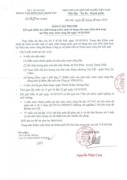 Báo cáo của Trung tâm kiểm soát bệnh tật Hà Nội.