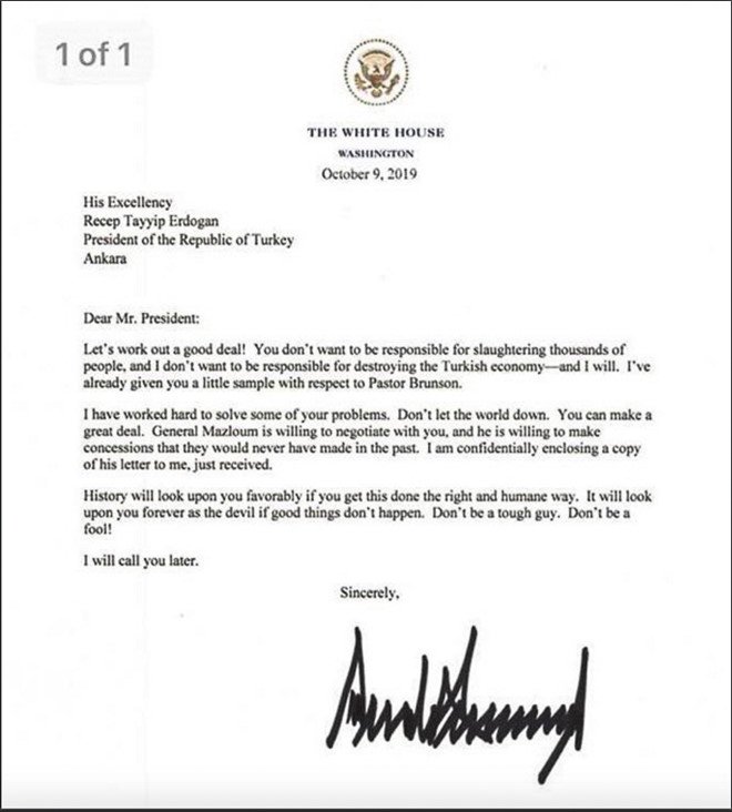 ‘Đừng làm kẻ ngốc’: TT Trump dọa TT Thổ Nhĩ Kỳ trong bức thư hiếm có