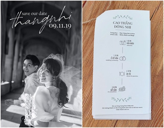 Vợ chồng Lý Hải - Minh Hà hé lộ thiệp cưới của Đông Nhi - Ông Cao Thắng. Được biết, đám cưới của cặp đôi sẽ diễn ra vào đầu tháng 11 trong 2 ngày tại một khu du lịch 5 sao nổi tiếng ở Phú Quốc, đài thọ 500 khách mời. Ngoài ra, Ông Cao Thắng và Đông Nhi còn