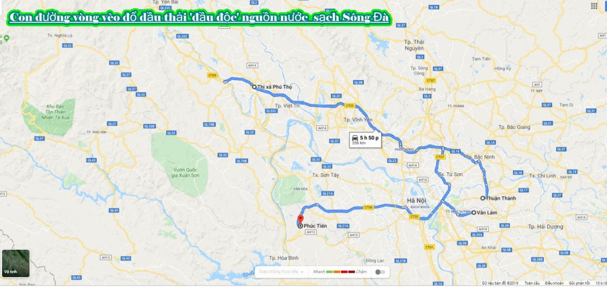 Hành trình vòng vo trong vụ đổ dầu thải chấn động dư luận. (Ảnh: Google maps).