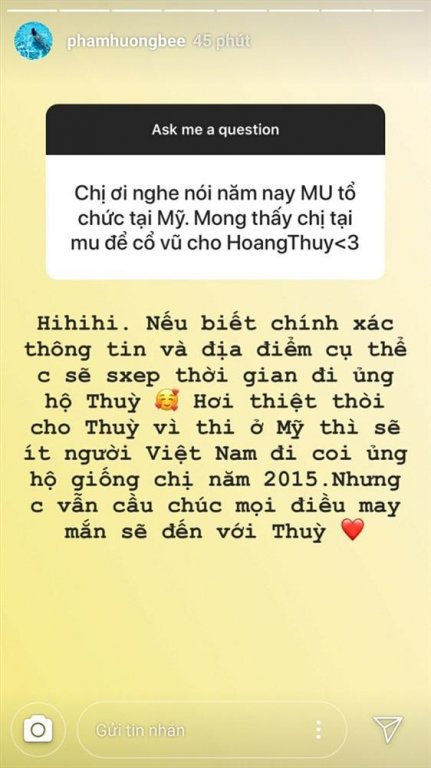 Phạm Hương cho hay sẽ sắp xếp thời gian đến cổ vũ Hoàng Thùy khi dự thi Miss Universe 2019.