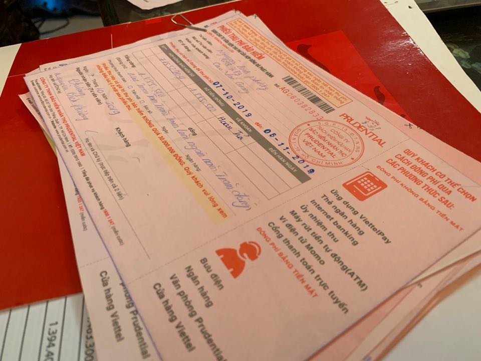 Ông G., lưu lại chi tiết những hóa đơn sau mỗi kỳ nộp tiền bảo hiểm Prudential theo hợp đồng.