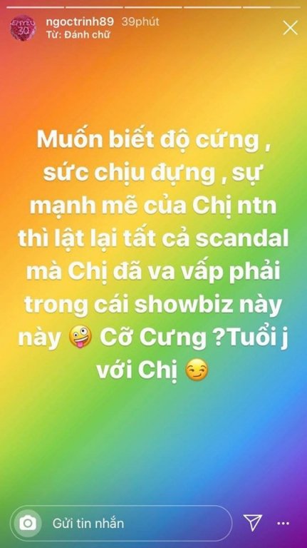 Ngọc Trinh lên tiếng dằn mặt đàn em. Dòng trạng thái của