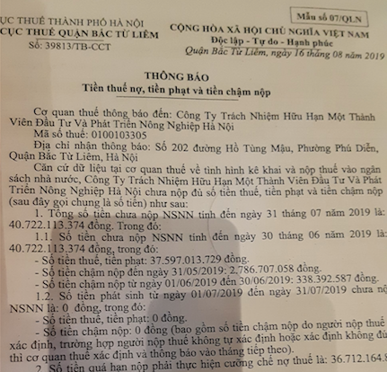 Văn bản của Chi cục thuế quận Bắc Từ Liêm.