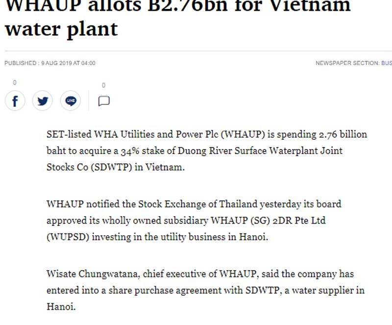 WHAUP của Thái Lan đã nắm giữ 34% cổ phần Nước mặt sông Đuống.