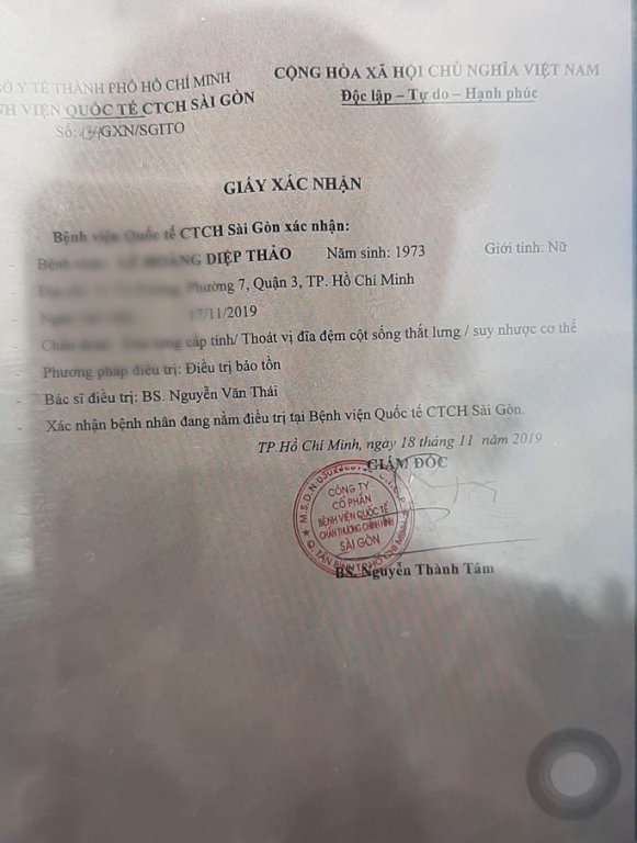 Giấy xác nhận bà Thảo bị bệnh. (Ảnh: Người Lao Động).
