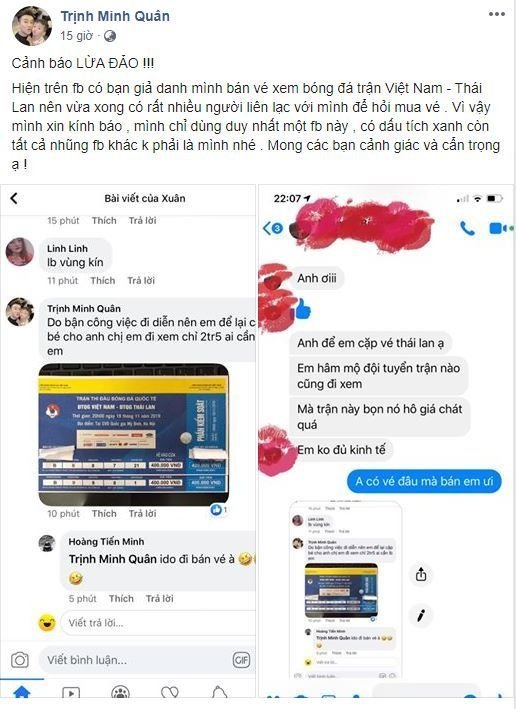 Minh Quân lên tiếng cảnh báo mọi người khi bị kẻ xấu giả danh để bán vé xem bóng đá trận Việt Nam - Thái Lan.