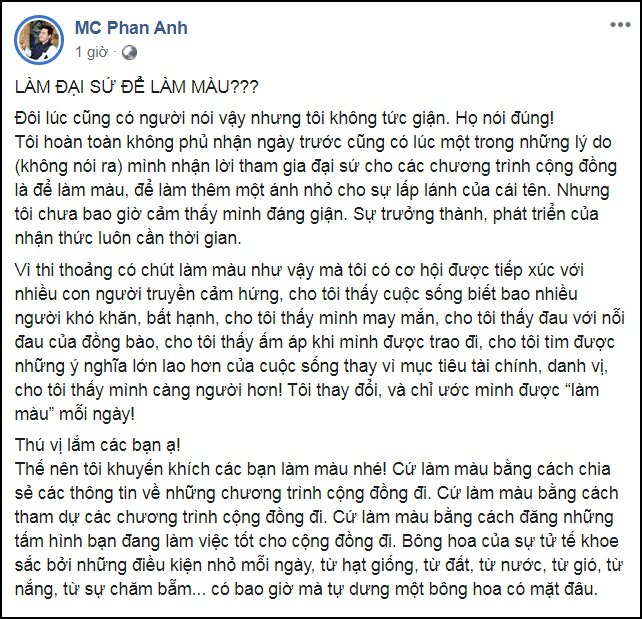 MC Phan Anh nói về một số chương trình cộng đồng mà mình từng làm đại sứ quảng bá. Anh thẳng thắn thừa nhận...