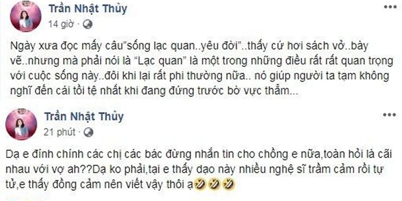 Nhật Thủy đăng tải dòng trạng thái đầy tâm sự khiến người hâm mộ lo lắng. Ngay sau đó, nữ ca sĩ phải lên tiếng trấn an trên trang cá nhân. 