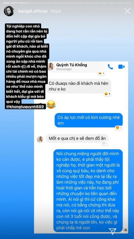 Băng Di bênh vực Khổng Tú Quỳnh giữa tin đồn cặp kè đại gia. 