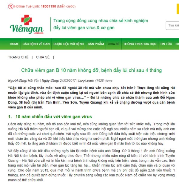 Những quảng cáo sai sự thật, lừa dối người tiêu dùng về sản phẩm Giải độc gan Tuệ Linh. (Ảnh: Chụp màn hình).