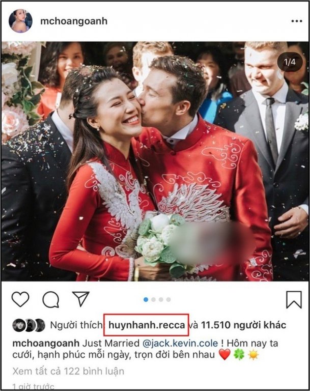 Huỳnh Anh không ngần ngại nhấn thích ảnh cưới của bạn gái cũ - Á hậu Hoàng Oanh và chồng Tây.