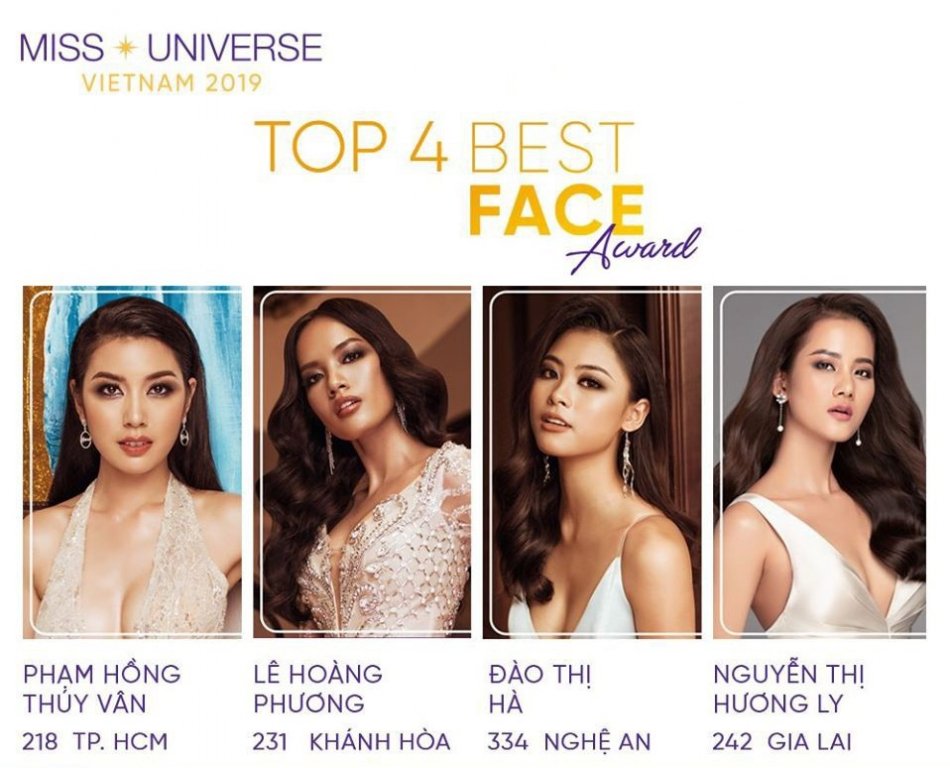 Trước thềm bán kết, BTC Hoa hậu Hoàn vũ Việt Nam 2019 công bố Top 4 gương mặt đẹp nhất cuộc thi là Thúy Vân, Lê Hoàng Phương, Đào Thị Hà và Nguyễn Thị Hương Ly. Thí sinh chiến thắng giải này sẽ là người có điểm trung bình cao nhất từ Hội đồng chuyên môn, bao gồm nhà thiết kế Thuận Việt, Á hậu Mâu Thủy, nhiếp ảnh gia Milor Trần.