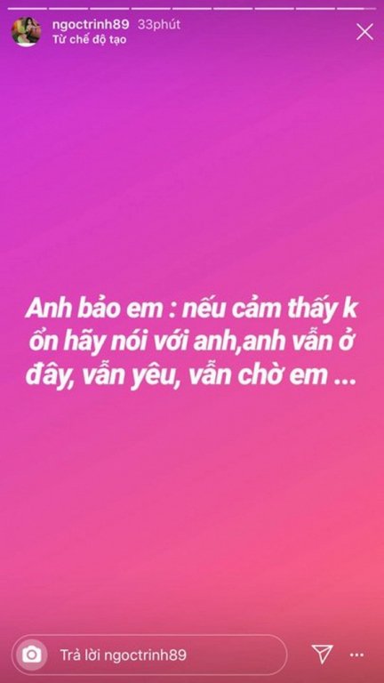 Ngọc Trinh chia sẻ lời nhắn của bạn trai cũ. Dù đã chia tay, bạn trai cũ đại gia vẫn dành những lời ngọt ngào tới chân dài. 