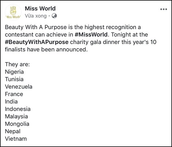 Lương Thùy Linh vào top 10 Người đẹp nhân ái Miss World 2019. Kết quả người chiến thắng sẽ được công bố vào chung kết (ngày 14/12).