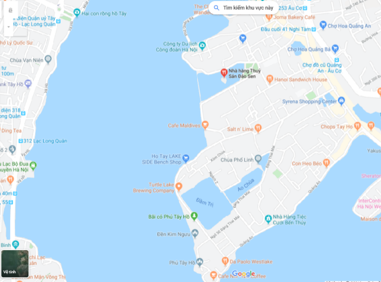 Nhà hàng ngang nhiên hoạt động trên ao Thủy sứ (dấu đỏ). (Ảnh: Google maps).