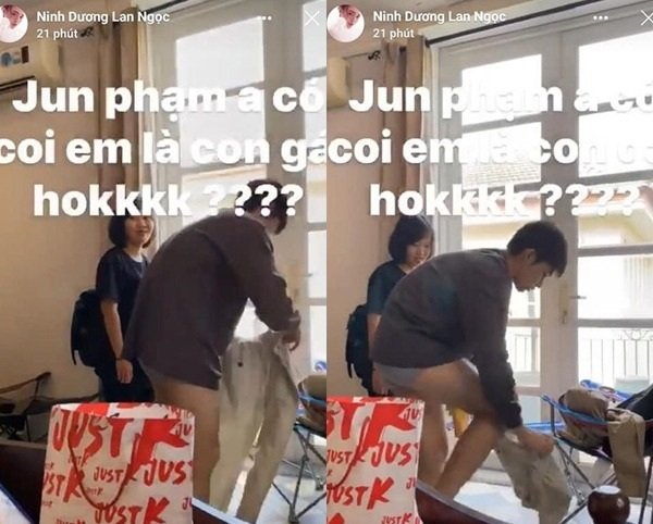 Ninh Dương Lan Ngọc xin lỗi Jun Phạm khi đăng video Jun Phạm thay quần áo lên trang cá nhân. Nữ diễn viên khoanh tay, quỳ gối vui vẻ xin lỗi đàn anh: