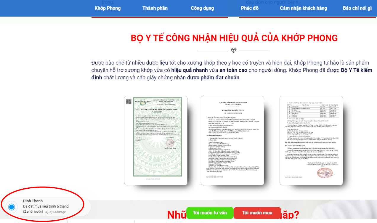 Ngang nhiên quảng cáo sản phẩm Khớp Phong đã được Bộ Y tế chứng nhận hiệu quả.