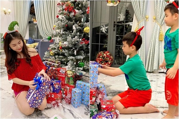Bà xã Đăng Khôi cùng 2 con trai phải mất 2 ngày mới trang trí xong cây thông và chuẩn bị các hộp quà đón Noel đang về cận kề. 