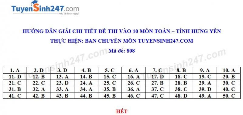 Đáp án đề thi vào 10 môn toán năm 2020 tỉnh Hưng Yên