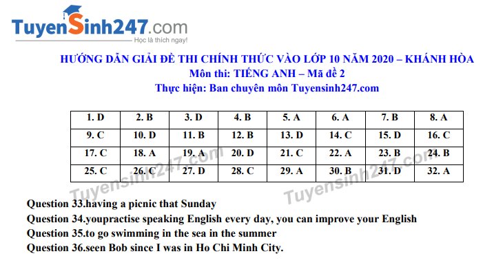 Đáp án đề thi môn tiếng Anh