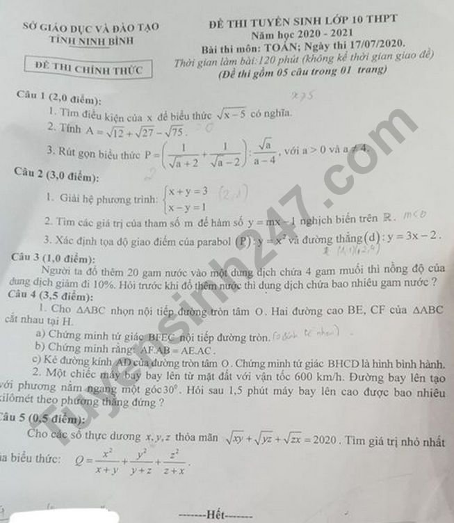 Đề thi môn Toán năm 2020 tỉnh Ninh Bình