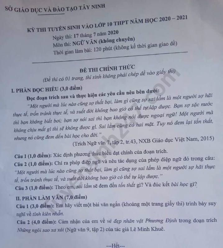 Đề thi môn Văn