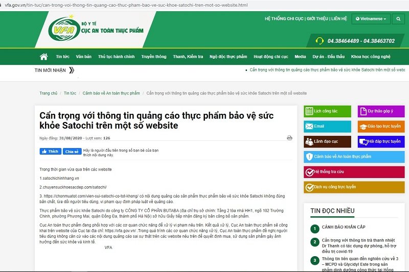 Thông tin cảnh báo trên Cục An toàn thực phẩm, Bộ Y tế