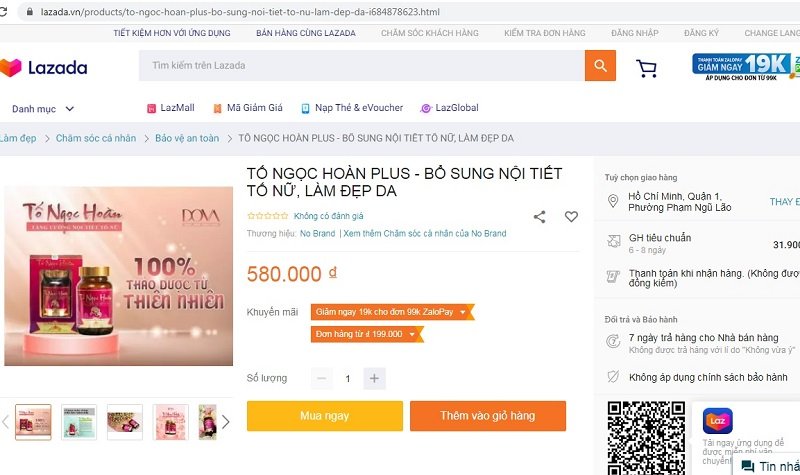 Viên uống Tố Ngọc Hoàn Plus quảng cáo trên Lazada