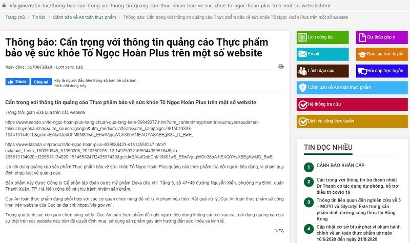 Thông tin cảnh báo được đăng tải trên websitecủa Cục an toàn thực phẩm