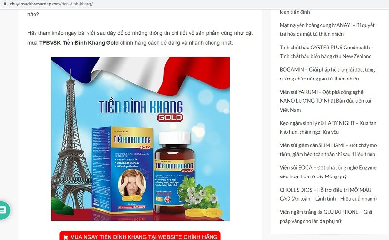 Thực phẩm bảo vệ sức khỏe Tiền Đình Khang Gold quảng cáo trên website https://chuyensuckhoesacdep.com
