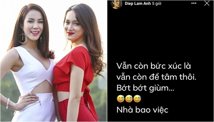 Trong tập phát sóng mới đây của show truyền hình Chị em chúng mình, Hương Giang chia sẻ câu chuyện trong quá khứ từng bị bạn bè trong showbiz hủy kết bạn khi cô xảy ra chuyện. Ngay sau khi chương trình lên sóng, nhiều cư dân mạng liền cho rằng người mà Hương Giang đang muốn nhắc đến chính là Diệp Lâm Anh. Giữa nghi vấn bị Hương Giang đá đểu, Diệp Lâm Anh chia sẻ đầy ẩn ý trên trang cá nhân: 